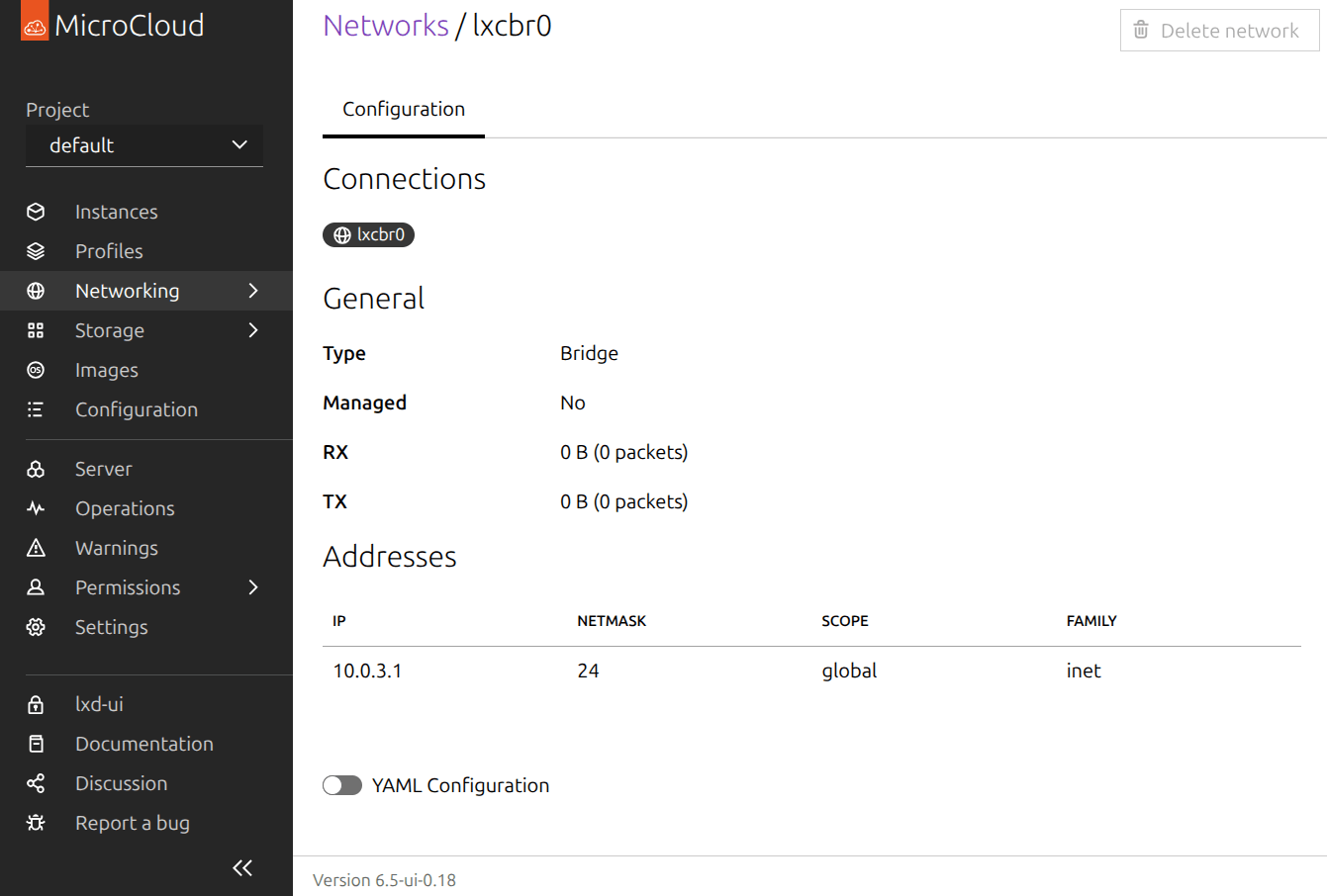 Network configuration view in the UI